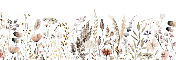 Border with watercolor autumn wildflowers, seeds and leaves, isolated illustration. Brown, dark red and beige floral element for fall wedding stationery and greetings cards