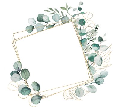 Yeşil ve altın suluboya okaliptüs yaprakları ve dalları olan kare çerçeve, izole illüstrasyon, kopyalama alanı. Romantik düğün kırtasiyesi için botanik öğesi, tebrik kartları