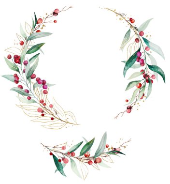 Noel buketi ve çerçevesi suluboya yeşil yapraklar ve kırmızı böğürtlenlerle yapıldı. Kış tatili için el boyaması element ve selamlar.