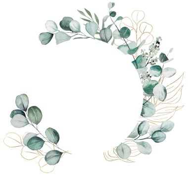 Yeşil ve altın rengi okaliptüs yaprakları ve dallarıyla yuvarlak çerçeve, izole illüstrasyon, kopyalama alanı. Romantik düğün kırtasiyesi için botanik öğesi, tebrik kartları