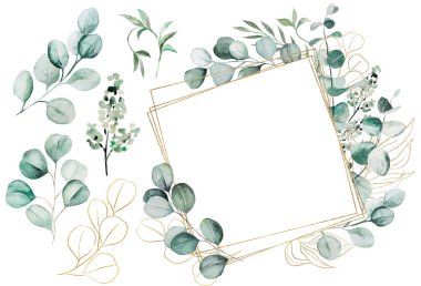 Yeşil ve altın suluboya okaliptüs yapraklı kare çerçeve ve ince dallar, tek elementler, izole illüstrasyon, kopyalama alanı. Romantik düğün mektupları, tebrik kartları.