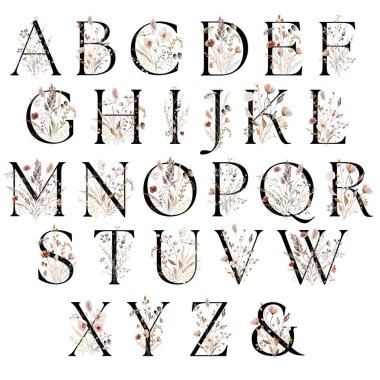 Sonbahar suluboya kır çiçekleri ve yapraklı siyah büyük harfler, izole bir illüstrasyon. Düğün kırtasiyesi ve karşılama tasarımı için kahverengi, koyu kırmızı ve bej rengi alfabe ögesi