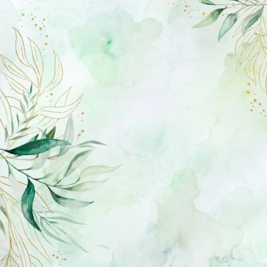 Açık yeşil suluboya arka plan, yeşil ve altın yapraklı buketler. El çizimi romantik illüstrasyon, Boho elementi, botanik ya da orman düğünü ve karşılama tasarımı 