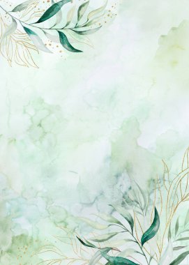 Açık yeşil suluboya dikdörtgen arka plan, yeşil ve altın yapraklı buketler. El çizimi romantik illüstrasyon, Boho elementi, botanik ya da orman düğünü ve karşılama tasarımı 