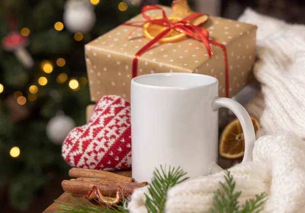 White Coffee Mug Christmas Present Cosy Heart Sweater Close Christmas — Stock Photo, Image