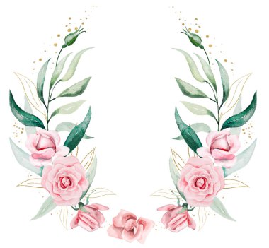 Açık pembe suluboya çiçeklerden, tomurcuklardan ve yeşil yapraklardan oluşan romantik çelenk çerçevesi izole edilmiş. Yaz düğün kırtasiyesi ve tebrik kartları için çiçek.