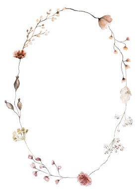 Oval Çerçeve, suluboya kır çiçekleri, tohumlar ve yapraklarla izole edilmiş. Sonbahar düğün kırtasiyesi ve tebrik kartları için kahverengi ve bej çiçekli çelenk.