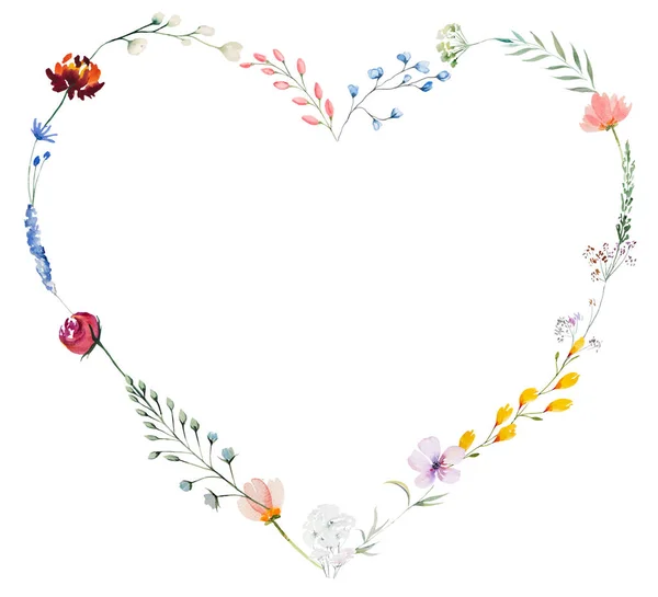 Heart made with watercolor summer wildflowers, seeds and leaves illustration, isolated. Colorful floral wreath for fall wedding stationery and greetings cards