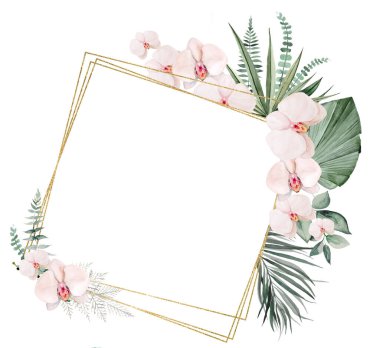 Suluboya yeşil tropikal yapraklar ve açık pembe orkide çiçekli resimli bohem kare çerçeve izole. Düğün kırtasiyesi için boho veya tropikal öge, kopyalama alanı