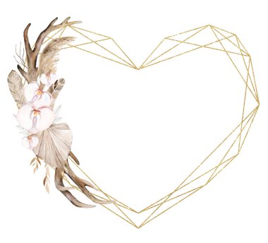 Altın geometrik kalp çerçevesi, suluboya bej ve kahverengi tropikal yapraklar ve pembe orkide çiçekleri ile izole edilmiş. Düğün ya da sevgililer günü kırtasiyesi için boho ya da etnik düzenleme, kopyalama alanı