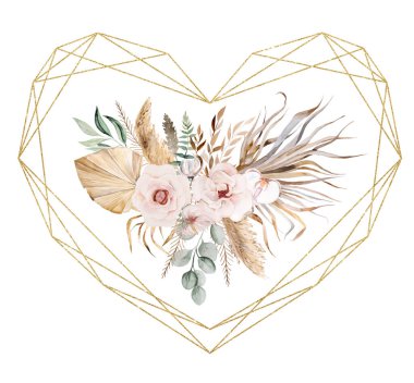 Altın geometrik çerçeveli, suluboya bej ve yeşil tropikal yapraklı, pembe çiçekli, resimli. Düğün ya da sevgililer günü kırtasiyesi için boho ya da etnik düzenleme,