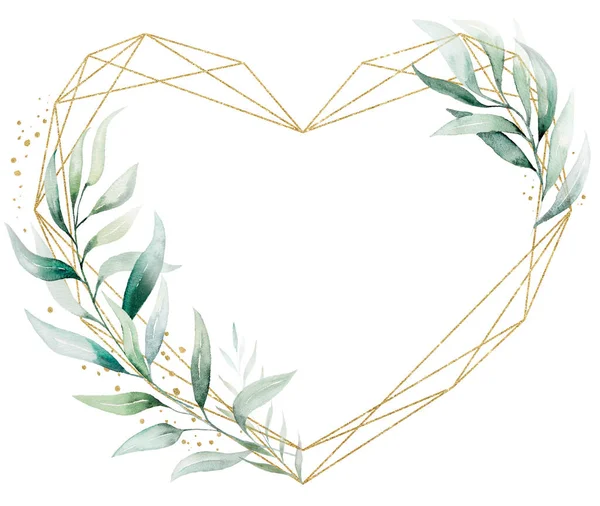 几何金心框与绿色水彩花 孤立的插图 复制空间 浪漫婚礼的植物学元素和情人节文具用品 印刷品 — 图库照片