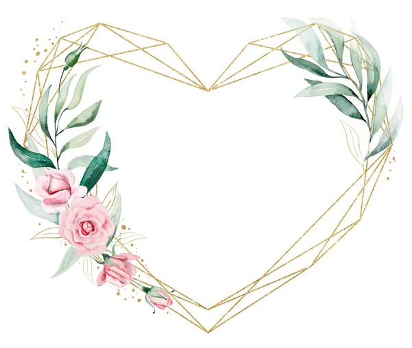 Golden heart geometric frame with light pink watercolor flowers, buds and green leaves illustration, isolated. Floral element for summer wedding stationery and greetings cards