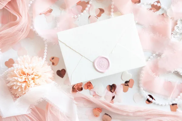Sealed Envelope Pink Decorations Hearts Silk Ribbons White Table Top — Stock Photo, Image