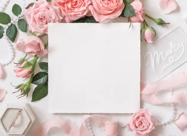 Blank Card Light Pink Roses Engagement Ring Box Silk Ribbons — Stock Photo, Image