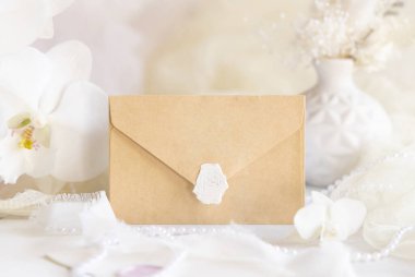 Beyaz orkide çiçeklerinin yanında mühürlü bir zarf ve dekor yakın çekim, maket. Düğün, Sevgililer Günü, Bahar ya da Anneler Günü kırtasiyesi için yatay boş kartlı Pastel romantik sahne