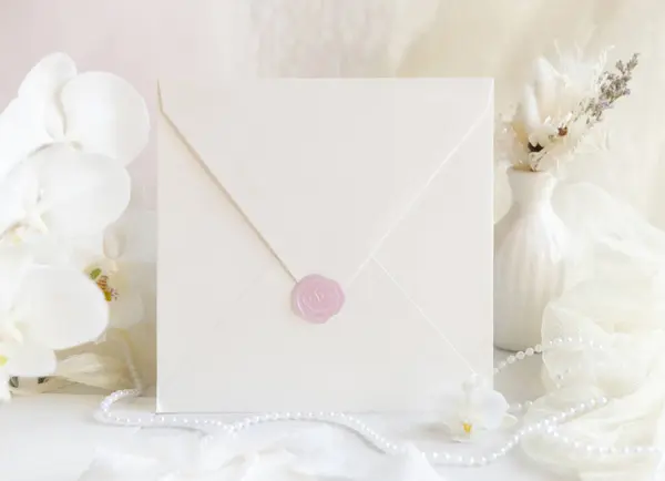 Envelope White Orchid Flowers Decor Close Mockup Pastel Romantic Scene — Stock Photo, Image