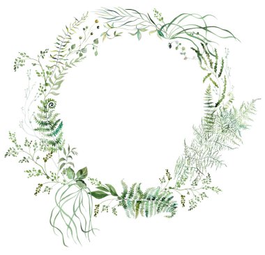 Yeşil yapraklı suluboya eğreltiotu dallarıyla yapılmış yuvarlak çerçeve, izole bir illüstrasyon. Ormanlık ya da yaz düğün kırtasiyesi için romantik botanik öğe, dijital yapıştırma defteri, etkinlik davetiyeleri