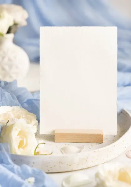 Blank Card Light Blue Tulle Fabric Cream Flowers Plate Close — Stock Photo, Image