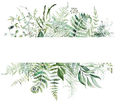 Yeşil yapraklı suluboya eğreltiotu dallarıyla yapılmış çerçeve, izole bir illüstrasyon. Ormanlık ya da yaz düğün kırtasiyesi için romantik botanik düzenleme, dijital yapıştırma defteri, etkinlik davetiyeleri