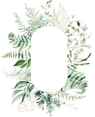 Yeşil yapraklı suluboya eğreltiotu dallarıyla oval çerçeve, izole illüstrasyon. Ormanlık ya da yaz düğün kırtasiyesi için romantik botanik öğe, dijital yapıştırma defteri, etkinlik davetiyeleri