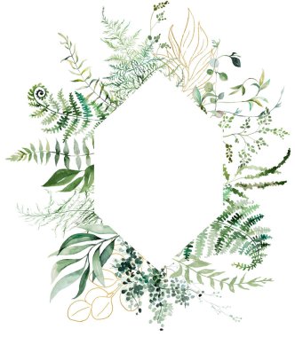 Yeşil yapraklı suluboya eğreltiotu dallarıyla Geometrik çerçeve, izole illüstrasyon. Ormanlık ya da yaz düğün kırtasiyesi için romantik botanik öğe, dijital yapıştırma defteri, etkinlik davetiyeleri