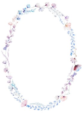 Kırılgan kır çiçekleri, sapları ve küçük yaprakları olan suluboya oval çerçeve, izole bir illüstrasyon. Açık pembe, mor ve çiçekli düğün kırtasiyesi ve tebrik kartları için.