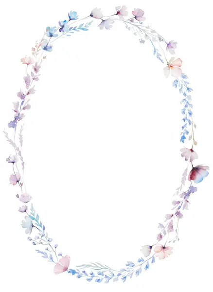 Ovaler Rahmen Mit Pastellfarbenen Fragilen Wildblumen Stängeln Und Winzigen Blättern Stockfoto