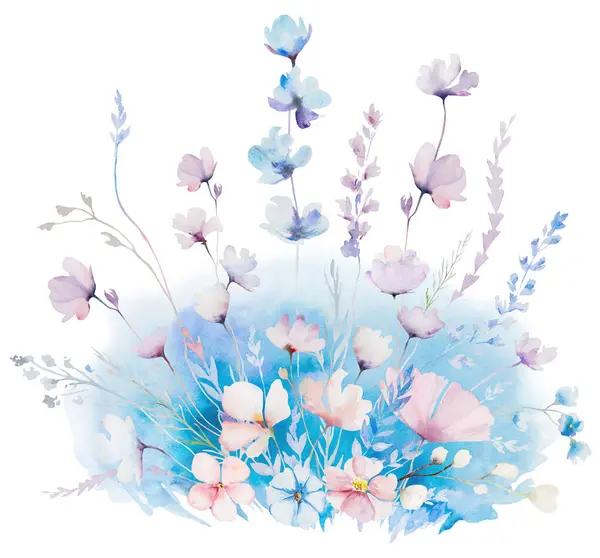 수채화 파스텔 깨지기 야생화 줄기와 잎으로 꽃다발 분홍색 인사말 카드에 스톡 이미지