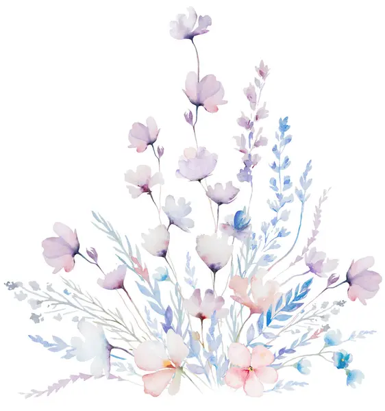 수채화 파스텔 깨지기 야생화 줄기와 잎으로 꽃다발 분홍색 인사말 카드에 스톡 사진