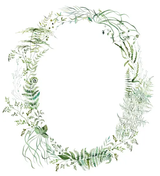 Овальна Рамка Акварельними Гілочками Зеленим Листям Ізольована Ілюстрація Романтичний Ботанічний Ліцензійні Стокові Зображення