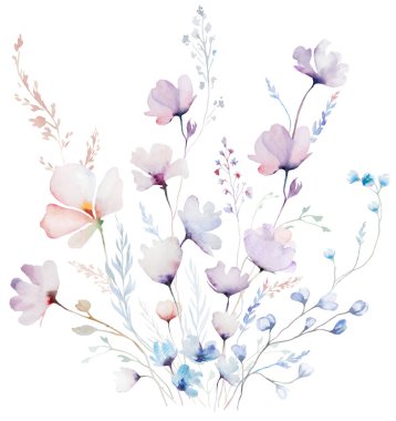 Suluboya pastel renkte, kır çiçekleri, saplar ve küçük yapraklardan yapılmış bir buket, izole bir resim. Açık pembe, mor ve çiçekli düğün kırtasiyesi ve tebrik kartları için.