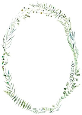 Kırılgan suluboya gövdeler ve ince yapraklar, kuşkonmaz, eğreltiotu ve otlarla yapılmış oval çerçeve, tuhaf ve hassas izole bir illüstrasyon. Manevi romantik yaz düğün kırtasiyesi düzenlemesi
