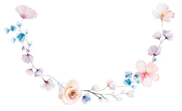 花环框架与水彩画脆弱的野花 茎和微小的叶子 孤立的例证 婚礼文具和贺卡用浅粉色 蓝色和紫色花元素 免版税图库照片
