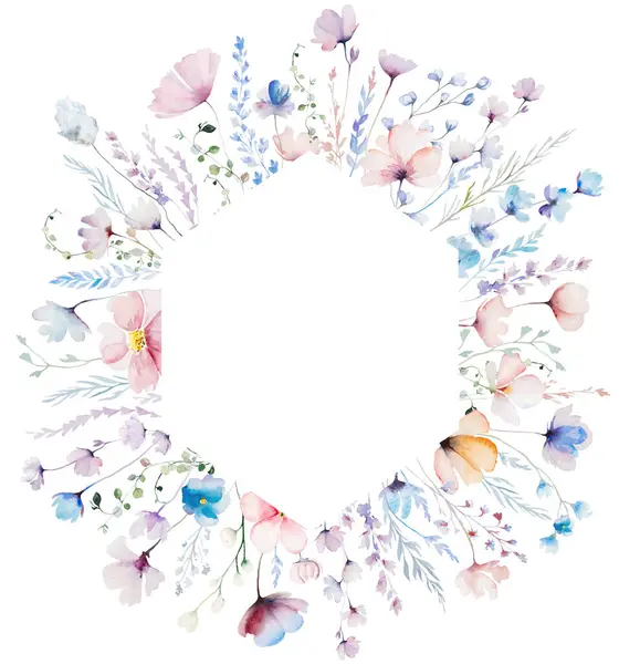框架与水彩画脆弱的野花 茎和微小的叶子 孤立的例证 婚礼文具和贺卡用浅粉色 蓝色和紫色花元素 图库图片