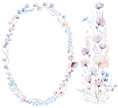 Oval çerçeve ve buket suluboya pastel, kırılgan kır çiçekleri, saplar ve ince yapraklar ile yapılmış, izole bir illüstrasyon. Açık pembe, mavi ve mor çiçekli şeyler düğün kırtasiyesi için.
