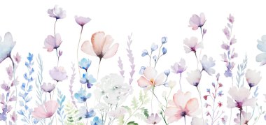 Sulu boyayla yapılmış kusursuz bir sınır. Kırılgan kır çiçekleri, saplar ve ince yapraklar, izole bir illüstrasyon. Açık pembe, mor ve çiçekli düğün kırtasiyesi ve tebrik kartları için.