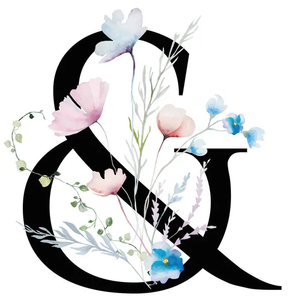 stock image Black symbol & with Watercolor pastel tender wild flowers, stems and tiny leaves, isolated illustration. Light pink, blue amd lavender floral ampersand element for romantic wedding stationery