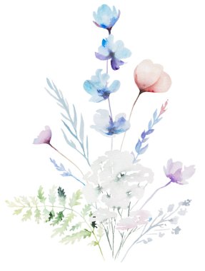 Suluboya pastel renkte, kır çiçekleri, saplar ve küçük yapraklardan yapılmış bir buket, izole bir resim. Açık pembe, mor ve çiçekli düğün kırtasiyesi ve tebrik kartları için.