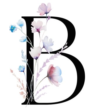 Suluboya pastel yumuşak çiçekleri, sapları ve ince yaprakları olan siyah bir B harfi, izole bir illüstrasyon. Açık pembe, mavi ve lavantalı alfabe ögesi romantik düğün kırtasiyesi için.