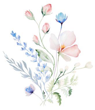 Suluboya pastel renkte, kır çiçekleri, saplar ve küçük yapraklardan yapılmış bir buket, izole bir resim. Açık pembe, mor ve çiçekli düğün kırtasiyesi ve tebrik kartları için.