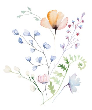 Suluboya pastel renkte, kır çiçekleri, saplar ve küçük yapraklardan yapılmış bir buket, izole bir resim. Açık pembe, mor ve çiçekli düğün kırtasiyesi ve tebrik kartları için.