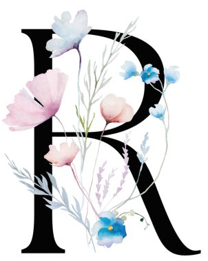 Suluboya pastel yumuşak çiçekleri, sapları ve ince yaprakları olan siyah R harfi, izole bir illüstrasyon. Açık pembe, mavi ve lavantalı alfabe ögesi romantik düğün kırtasiyesi için.