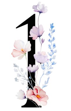 Suluboya pastel yumuşak çiçekleri, sapları ve ince yaprakları olan siyah bir numara, izole bir resim. Açık pembe, mavi ve lavantalı alfabe ögesi romantik düğün kırtasiyesi için.