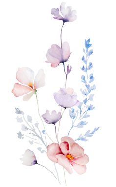 Suluboya pastel renkte, kır çiçekleri, saplar ve küçük yapraklardan yapılmış bir buket, izole bir resim. Açık pembe, mor ve çiçekli düğün kırtasiyesi ve tebrik kartları için.