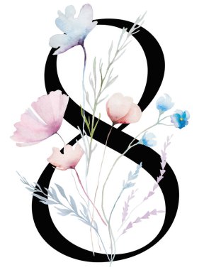 Suluboya pastel yumuşak çiçekleri, sapları ve ince yaprakları olan 8 numaralı siyah resim. Açık pembe, mavi ve lavantalı alfabe ögesi romantik düğün kırtasiyesi için.