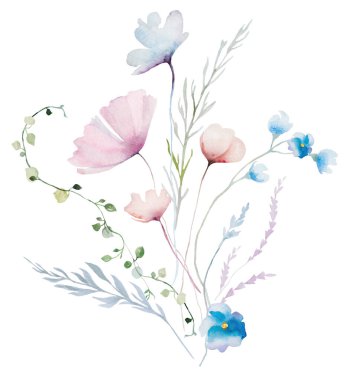 Suluboya pastel renkte, kır çiçekleri, saplar ve küçük yapraklardan yapılmış bir buket, izole bir resim. Açık pembe, mor ve çiçekli düğün kırtasiyesi ve tebrik kartları için.
