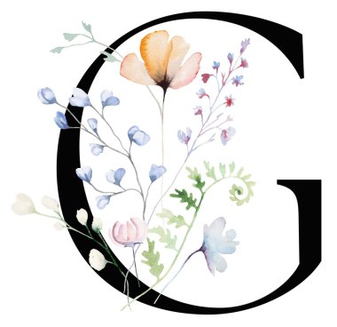 Suluboya pastel yumuşak çiçekli, saplı ve ince yapraklı G harfi, izole bir illüstrasyon. Açık pembe, mavi ve lavantalı alfabe ögesi romantik düğün kırtasiyesi için.