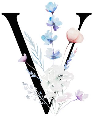 Suluboya pastel yumuşak çiçekleri, sapları ve ince yaprakları olan siyah V harfi, izole bir illüstrasyon. Açık pembe, mavi ve lavantalı alfabe ögesi romantik düğün kırtasiyesi için.