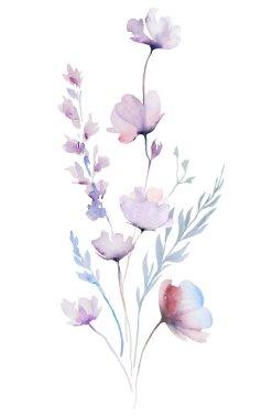 Suluboya pastel renkte, kır çiçekleri, saplar ve küçük yapraklardan yapılmış bir buket, izole bir resim. Açık pembe, mor ve çiçekli düğün kırtasiyesi ve tebrik kartları için.